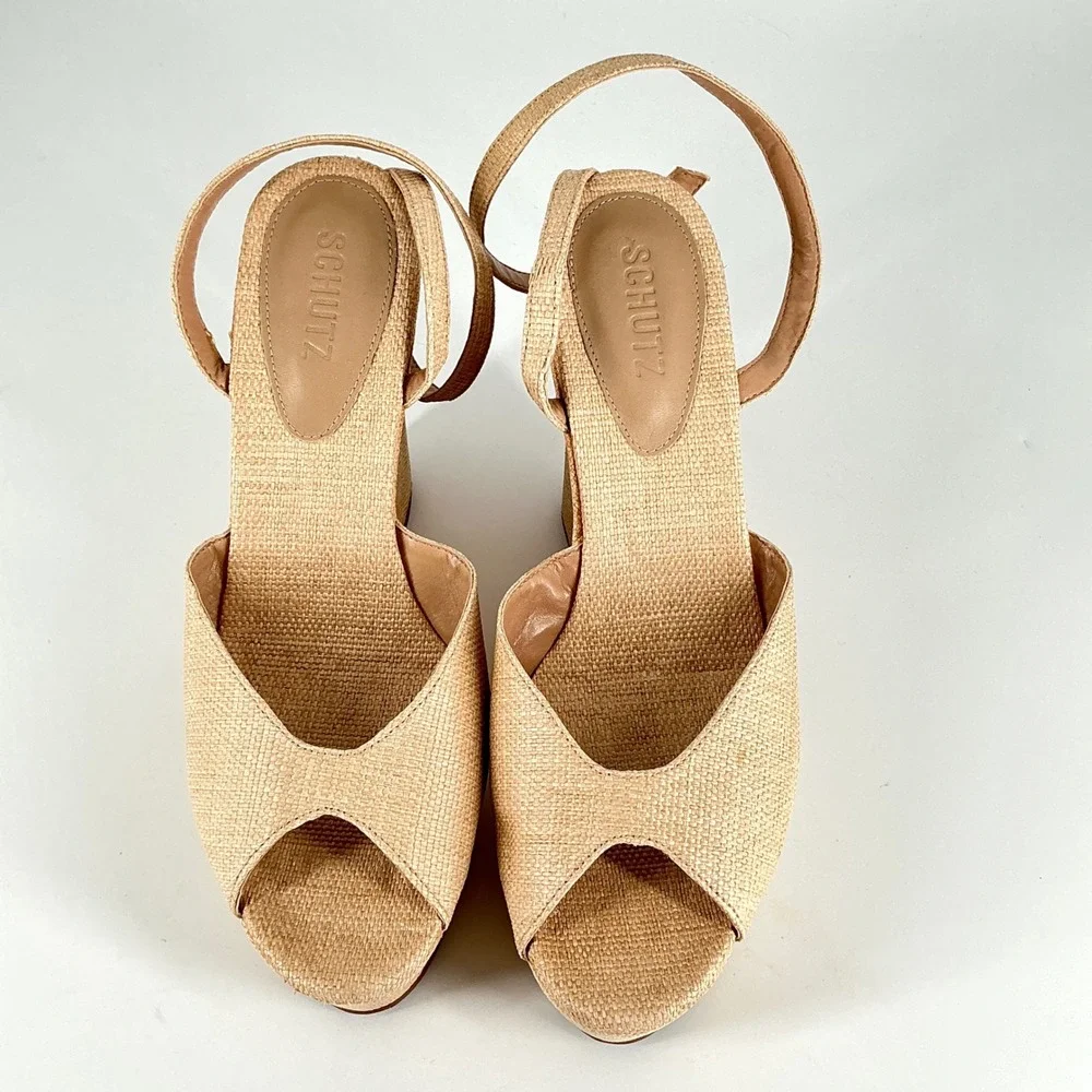 Schutz‎ Size 11 Beige Straw Platform Wedge Sandals Heels NEW Brazil Neith $178